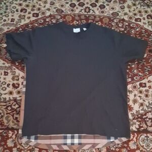 Burberry Black Short Sleeve Tee with Plaid Accent